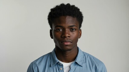 Obraz premium teen stunning black hair subsaharan african man with generic shirt model portrait standing straight on a white wall for ad concept space for text