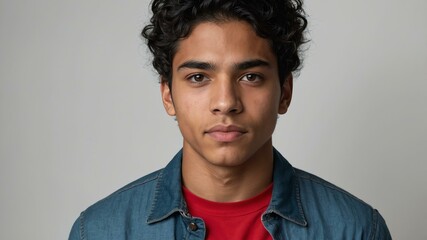 Obraz premium teen stunning black hair hispanic man with red shirt model portrait standing straight on a white wall for ad concept space for text