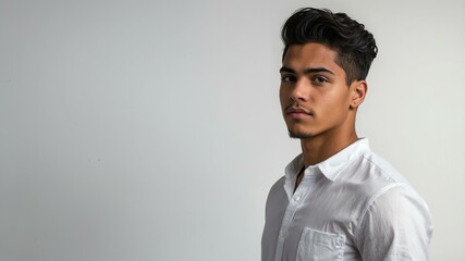 Obraz premium teen stunning black hair hispanic man with white shirt model portrait standing straight on a white wall for ad concept space for text