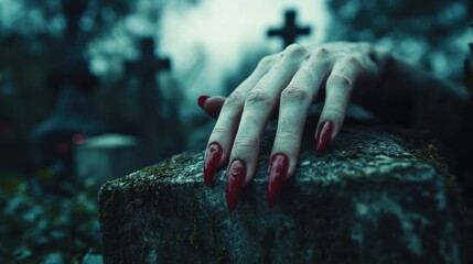 Bony pale hands of sexy woman vampire with sharp bloody red nails rising out from the ground,Halloween grave crosses,zombies at night,creepy hand coming out of the ground,halloween concept.