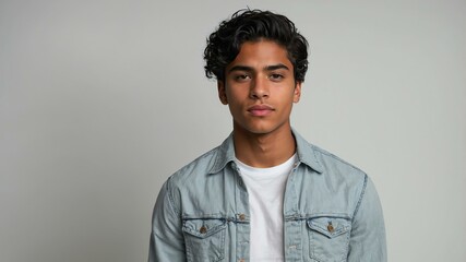 Obraz premium teen stunning black hair hispanic man with red shirt model portrait standing straight on a white wall for ad concept space for text