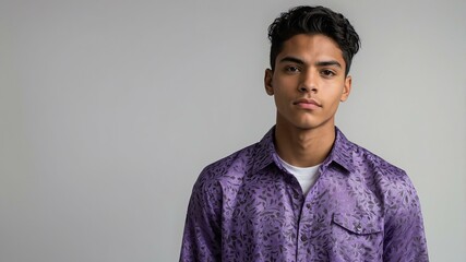 Obraz premium teen stunning black hair hispanic man with purple shirt model portrait standing straight on a white wall for ad concept space for text