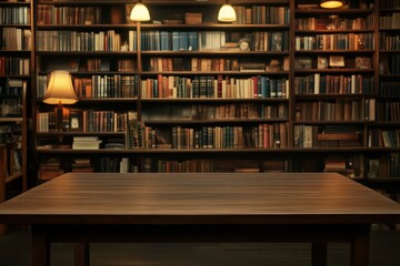 Cozy library interior featuring a wooden table, warm lighting, and shelves filled with books, perfect for reading or studying.
