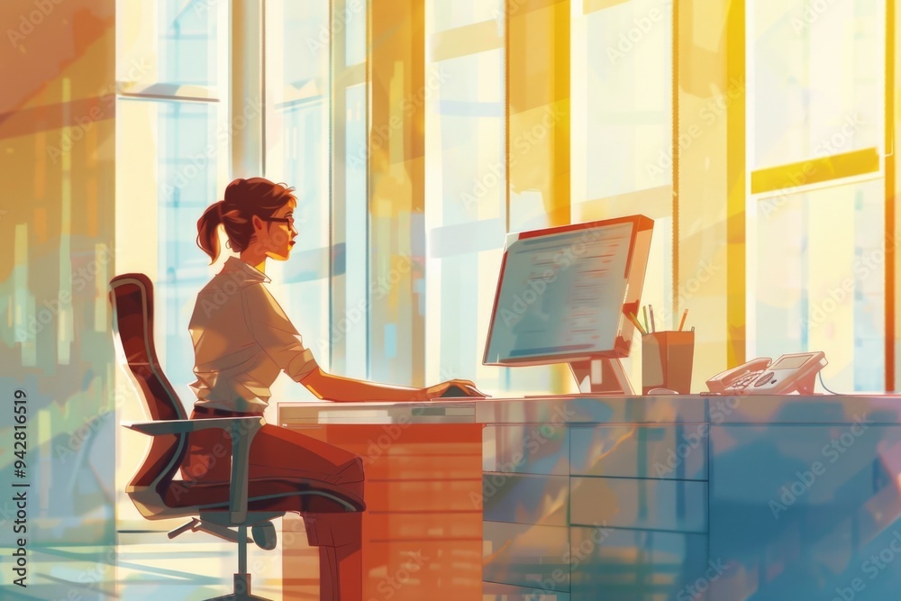 Poster a person sitting at a desk with a computer, ready for work or study