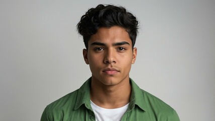 Obraz premium teen stunning black hair hispanic man with green shirt model portrait standing straight on a white wall for ad concept space for text