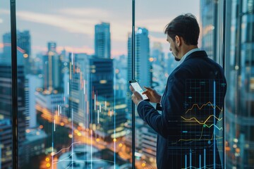 Fototapeta premium Businessman using smartphone for financial data analysis, professional working on the go, cityscape setting