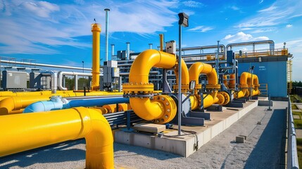 Yellow industrial pipes and machinery at a factory with a blue sky.