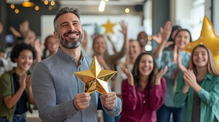 A happy employee holding a golden star award, surrounded by applauding colleagues, symbolizing employee recognition and appreciation.