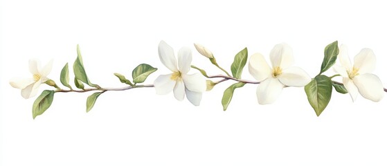 Fototapeta premium Delicate white flowers with lush green leaves, perfect for elegant designs in floral arrangements or nature-themed projects.