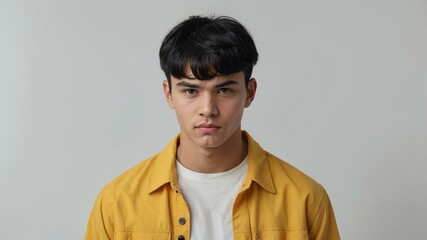 Obraz premium teen stunning black hair finnougric man with yellow shirt model portrait standing straight on a white wall for ad concept space for text