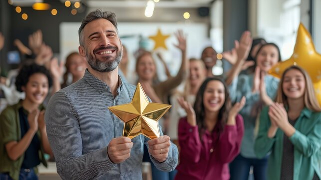 A happy employee holding a golden star award, surrounded by applauding colleagues, symbolizing employee recognition and appreciation.
