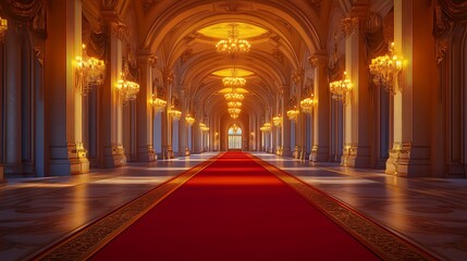 Obraz premium Majestic Red Carpet in a Lavishly Decorated Hall with Warm Golden Lighting, Perfect for a Glamorous Gala Evening