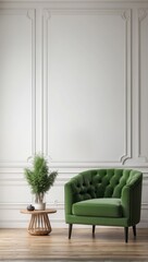 Green Velvet Armchair in a Minimalist Room with White Walls and Wood Floor