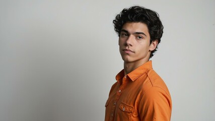 Obraz premium teen stunning black hair european man with orange shirt model portrait standing straight on a white wall for ad concept space for text