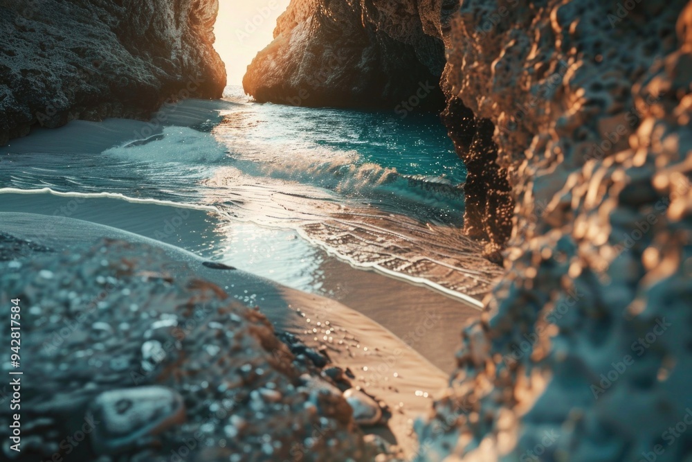 Poster a glimpse of the ocean through a cave opening, perfect for use in travel or adventure-themed project