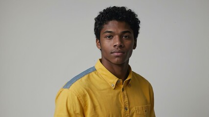 Obraz premium teen stunning black hair caucasian man with yellow shirt model portrait standing straight on a white wall for ad concept space for text