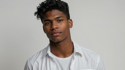 Obraz premium teen stunning black hair caucasian man with white shirt model portrait standing straight on a white wall for ad concept space for text