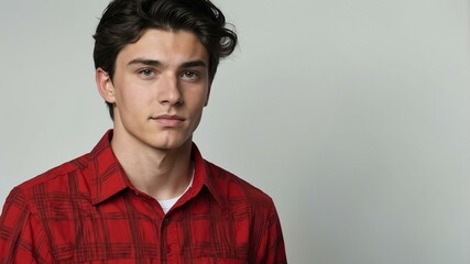 Fototapeta premium teen stunning black hair caucasian man with red shirt model portrait standing straight on a white wall for ad concept space for text