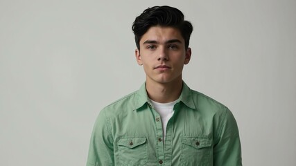 Obraz premium teen stunning black hair caucasian man with green shirt model portrait standing straight on a white wall for ad concept space for text
