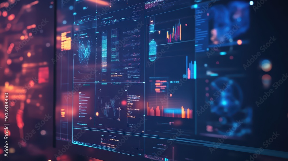 Poster futuristic data visualization on a digital interface with vibrant colors, representing technology an