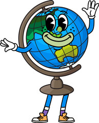 Cartoon groovy school globe character. Isolated vector earth planet, retro geographical map, educational item personage with smiling face, showcasing a friendly facial expression and waving hand