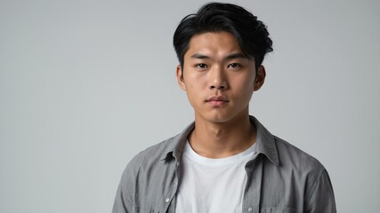 Obraz premium teen stunning black hair asian man with gray shirt model portrait standing straight on a white wall for ad concept space for text