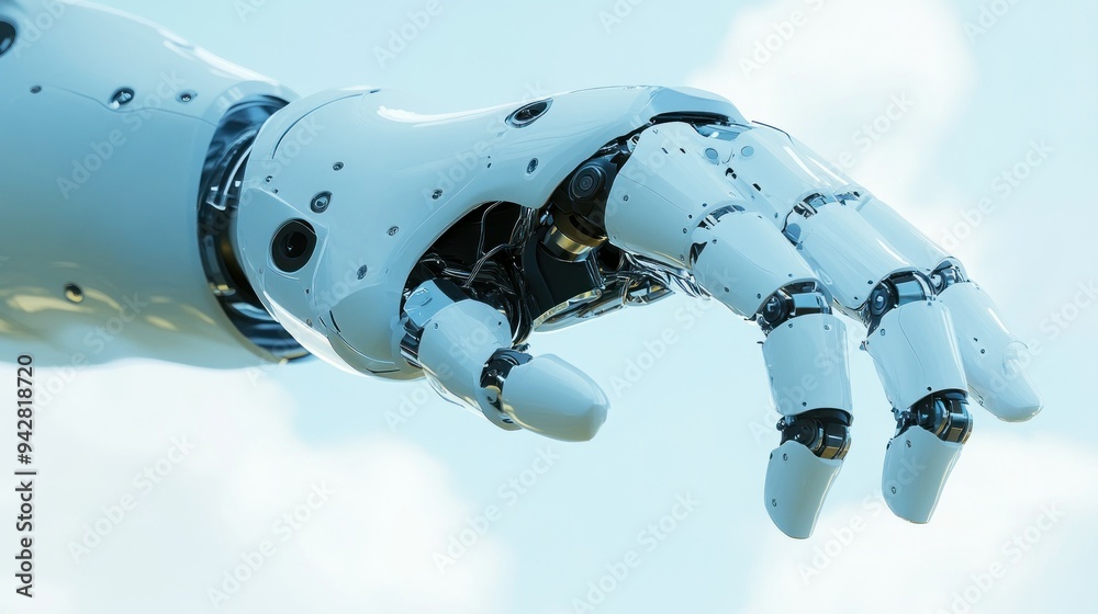 Poster close-up of a white robotic hand with visible mechanical components, reaching out against a blurred 