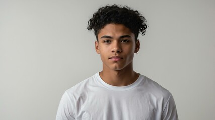 Fototapeta premium teen stunning black hair american man with white shirt model portrait standing straight on a white wall for ad concept space for text