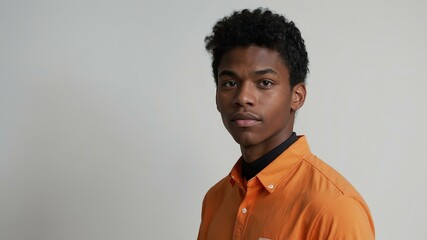 Obraz premium teen stunning black hair american man with orange shirt model portrait standing straight on a white wall for ad concept space for text
