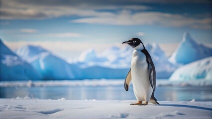 Fototapeta premium Penguin standing on snow in Antarctica , penguin, snow, ice, Antarctica, wildlife, cold, winter, bird, fluffy, nature