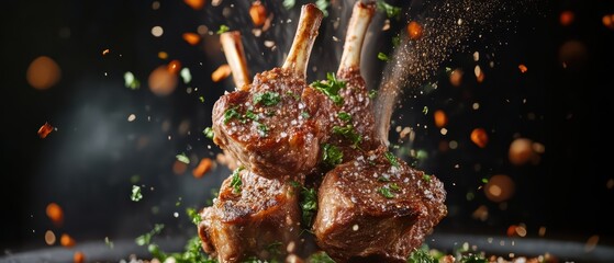 Savory grilled lamb chops seasoned with spices, garnished with herbs, showcasing a culinary masterpiece in dramatic lighting.