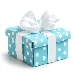 Blue polka dot gift box with a white bow, isolated on a white background