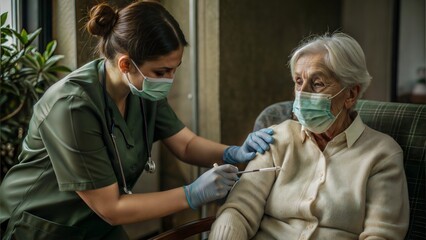  female nurse injecting needle in hand of elderly