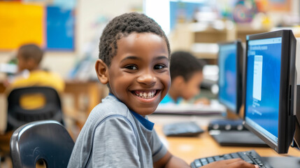Smiling student uses assistive technology in elementary classroom