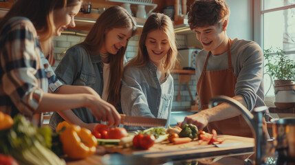 Happy teenagers prepare dinner together in a home kitchen