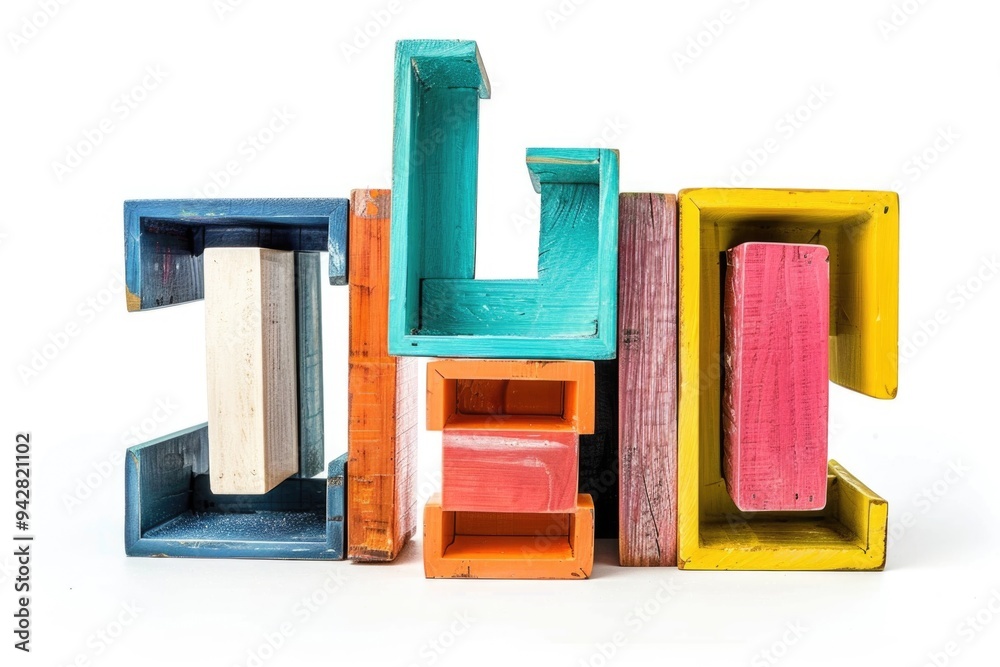 Poster a group of colorful wooden blocks arranged side by side, perfect for creative projects or decorative