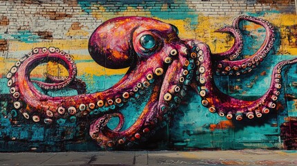 Fototapeta premium Colorful Octopus Mural on Brick Wall