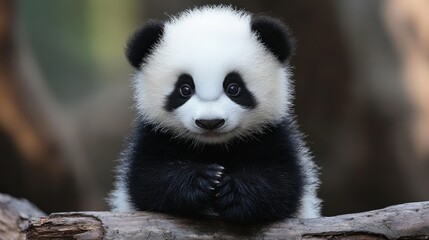 A playful panda cub is perched on a branch, looking curiously at its surroundings. Its fluffy fur and expressive eyes bring joy and cuteness to all who observe