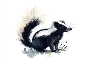 Naklejka premium A beautifully illustrated skunk with striking black and white fur, highlighting its curious nature in a natural setting.