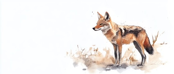 A beautifully illustrated watercolor of a standing fox, showcasing its striking colors and elegant posture in a natural setting.