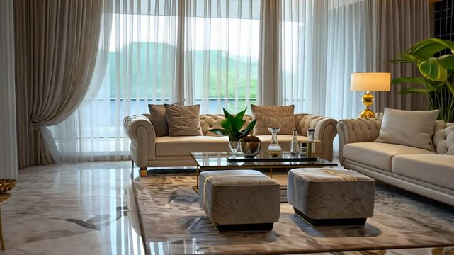 A living room with a white couch and a coffee table. The couch is covered in pillows and there is a potted plant in the room. The room has a modern and elegant feel to it