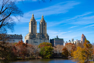 Nature fall landscape. Autumnal season in central park. New York. NYC. Central Park Seasonal cityscape in fall season. Autumn beauty of nature. Nature in city park. Fall cityscape in park. Autumn