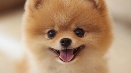 This adorable Pomeranian puppy shows off its fluffy coat and bright eyes while playfully wagging its tongue and enjoying the warmth of the sun indoors