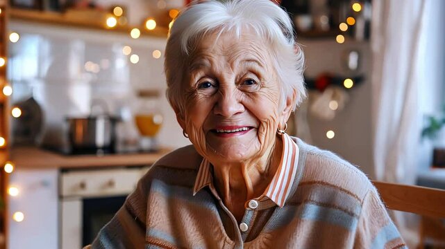 Happy elderly woman at festive table with cake and candles celebrates her birthday