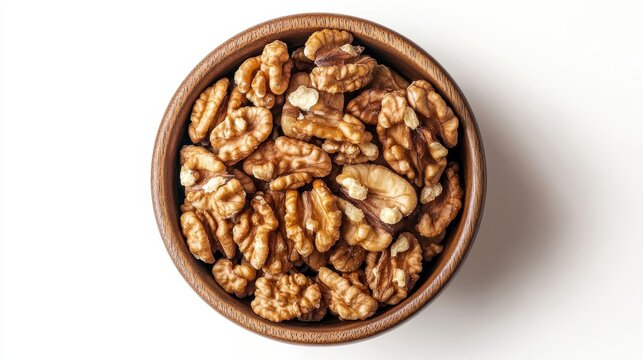 Shelled walnut halves in a bowl. These walnut tree seeds are used as snacks or for baking. Close-up overhead isolated shot on a white background.