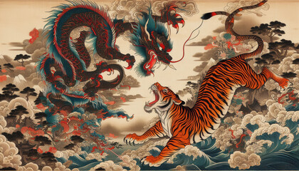 日本画、浮世絵／龍（ドラゴン）虎（タイガー）　龍虎