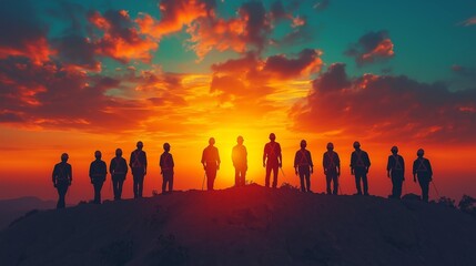 Fototapeta premium Labor Day concept, silhouette of people standing on top of mountain hill with sunset light