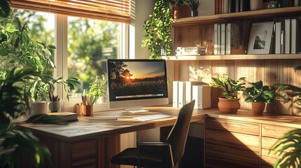 Fototapeta premium A modern home office with a minimalist desk