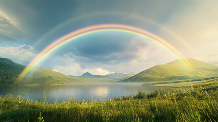 Naklejka premium rainbow over lake, A view of a rainbow arching over a picturesque landscape, such as rolling hills, a meadow,