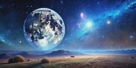 Alien landscape with starry sky and moon, blue, alien, landscape, starry, sky, moon, outer space, surreal